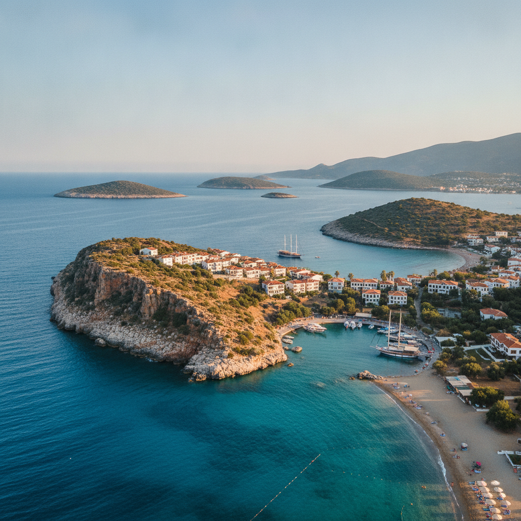 Pogled iz zraka na slikoviti zaljev s bijelim kućama na obali, otokom i