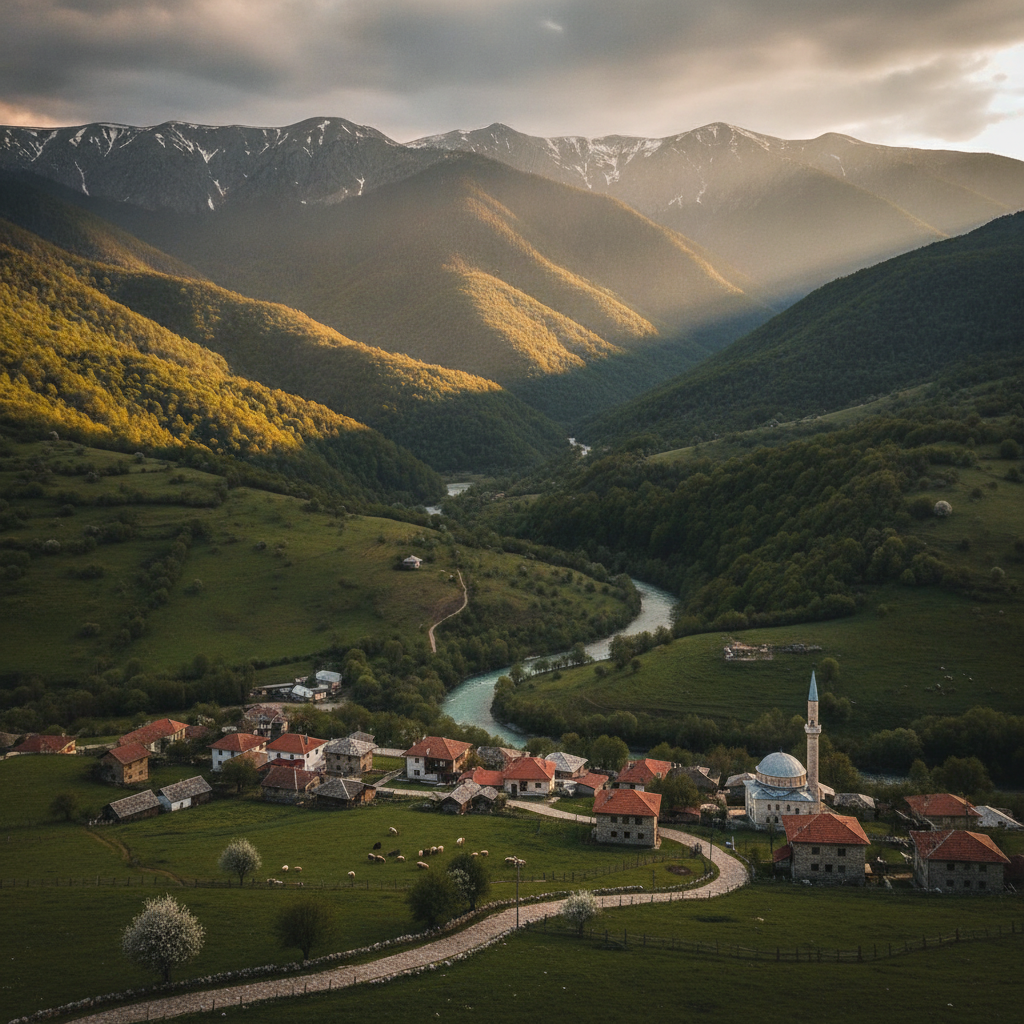 Pogled na selo u dolini okruženo zelenim planinama pod zrakama sunca