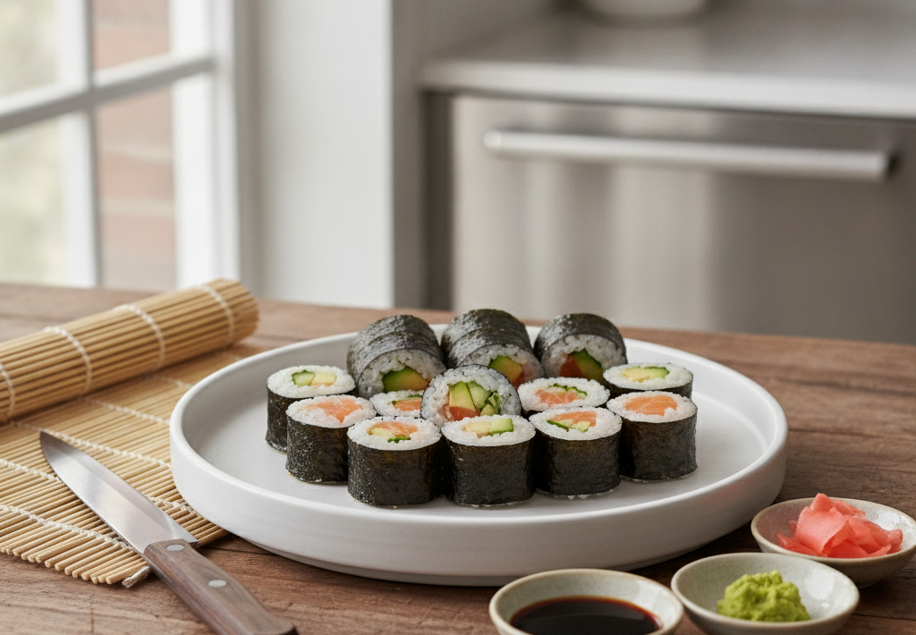 Posluženi sushi sa lososom i krastavcem, uz umak od soje, wasabi i ukiseljeni đumbir