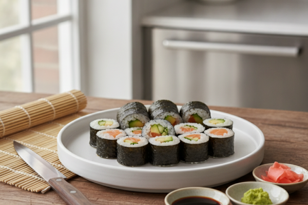 Posluženi sushi sa lososom i krastavcem, uz umak od soje, wasabi i ukiseljeni đumbir