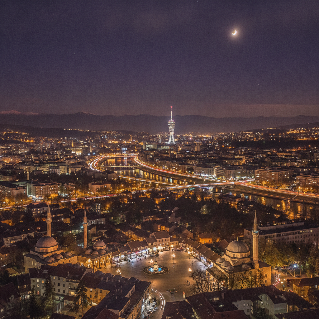 Sarajevo noću s mjesecom na nebu
