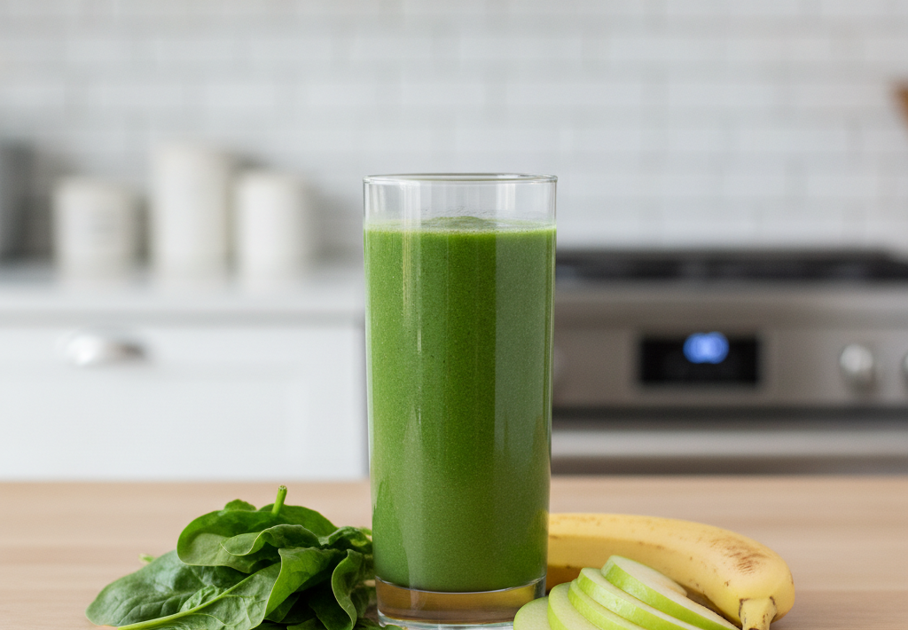Zeleni smoothie sa špinatom, kriškama jabuke i bananom