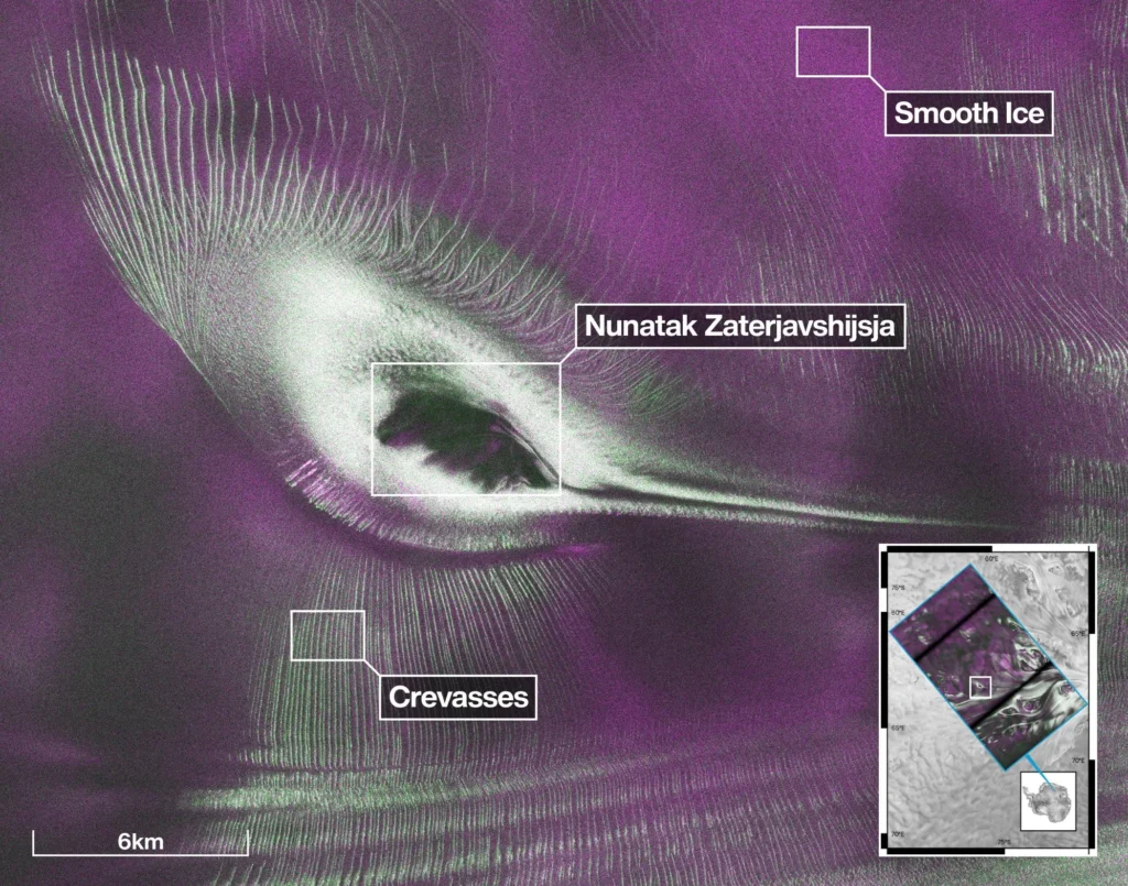 Radar prikaz ledenjaka koji pokazuje Nunatak Zaterjavshijsja, glazirane površine i pukotine