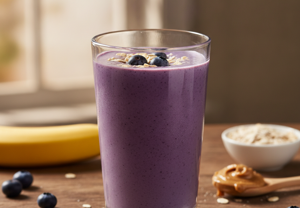 Borovnica i zobeni smoothie s bananom i maslacem od kikirikija