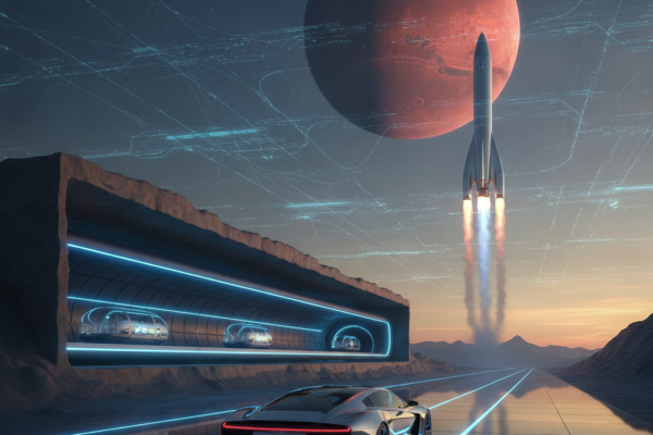 Futuristički automobil vozi se osvijetljenom cestom prema tunelu dok raketa polijeće prema Marsu