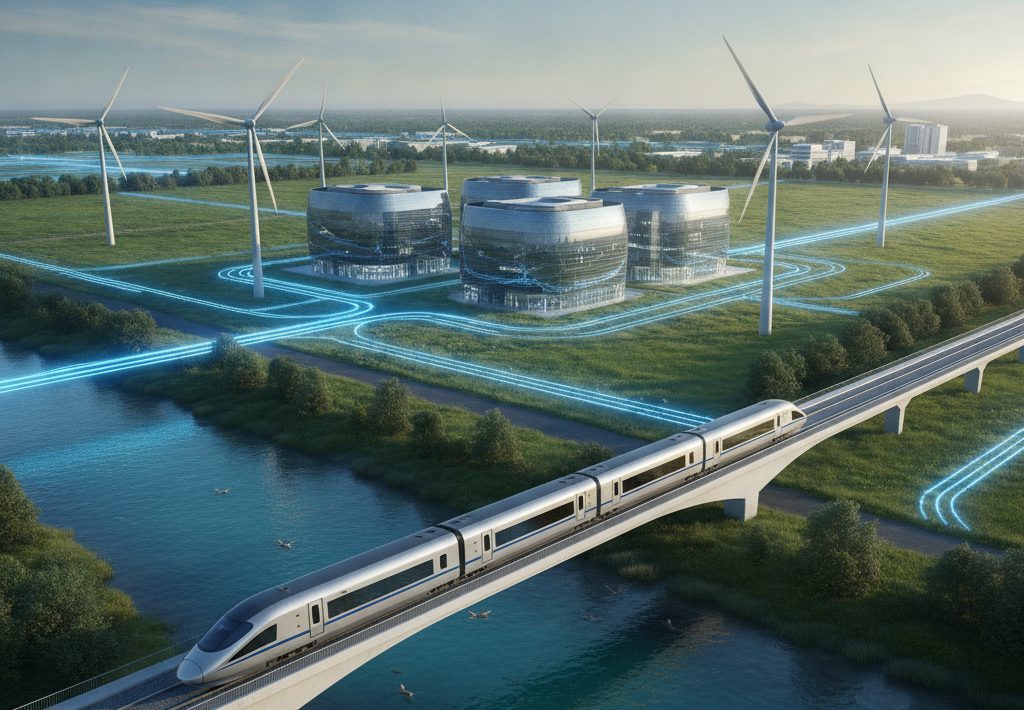 Futuristički vlak prelazi preko mosta iznad rijeke, prema modernim zgradama okruženim vjetroturbinama i plavim energetskim linijama