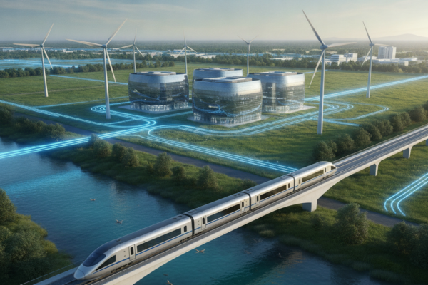 Futuristički vlak prelazi preko mosta iznad rijeke, prema modernim zgradama okruženim vjetroturbinama i plavim energetskim linijama
