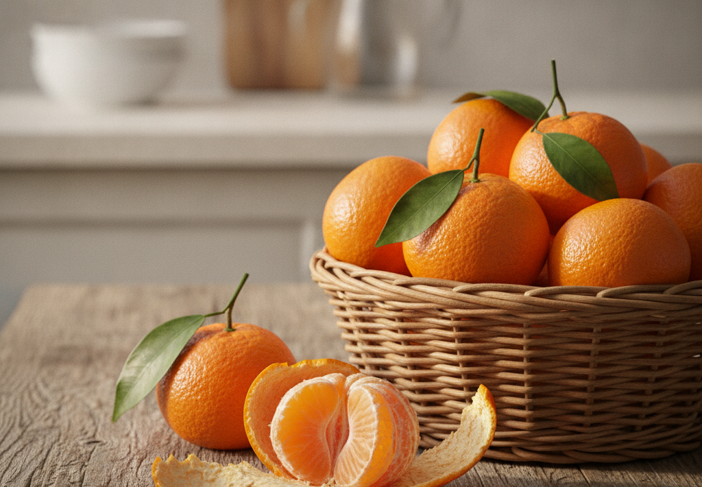 Košara mandarina na drvenoj površini, s jednom oguljenom mandarinom ispred