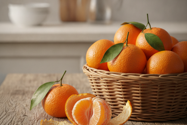 Košara mandarina na drvenoj površini, s jednom oguljenom mandarinom ispred