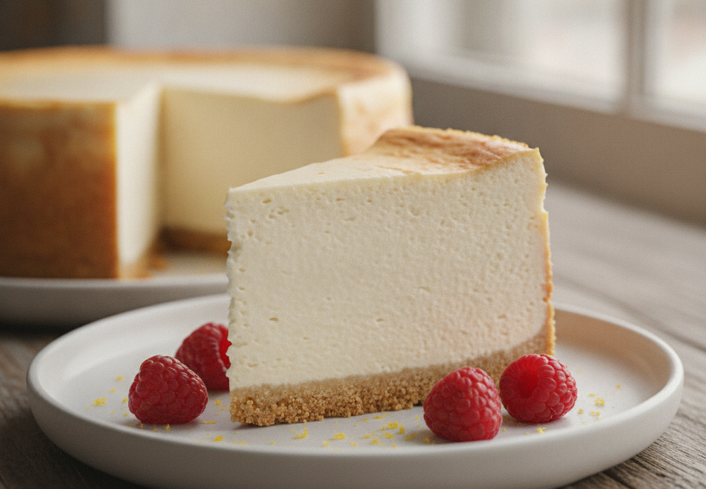 Kriška cheesecakea s malinama i koricom od keksa na tanjuru