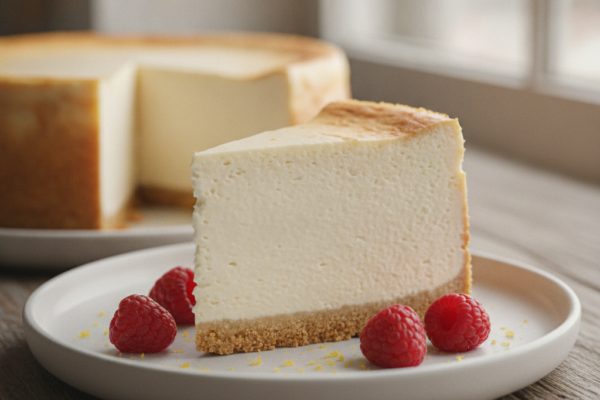 Kriška cheesecakea s malinama i koricom od keksa na tanjuru
