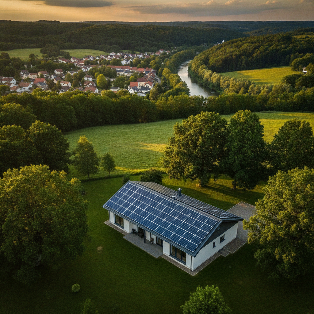 Kuća s solarnim panelima na krovu u zelenom krajoliku s rijekom i selom u