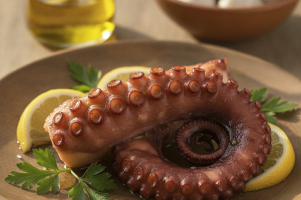 Kuhana hobotnica s limunom i peršinom na tanjuru