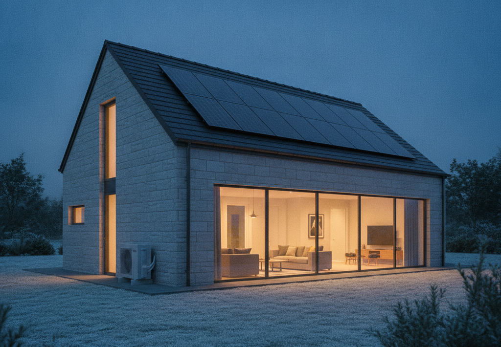 Moderna kuća s velikim prozorima i solarnim panelima na krovu, osvijetljena iznutra u sumrak