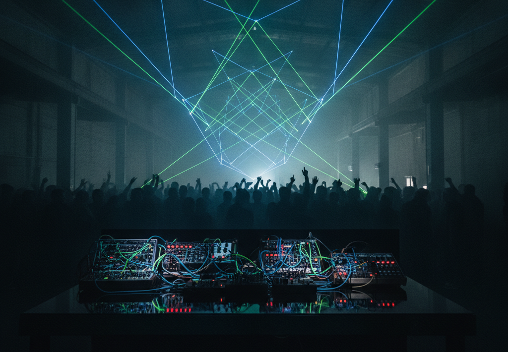 Modularni sintisajzeri na stolu ispred publike na laserskom showu