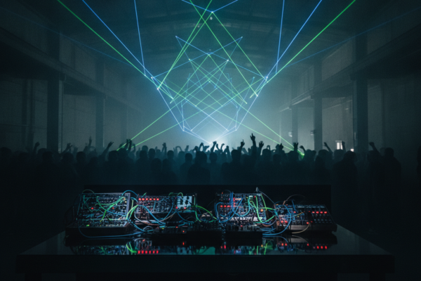 Modularni sintisajzeri na stolu ispred publike na laserskom showu