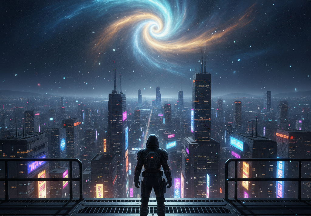 Osoba u futurističkom odijelu stoji na krovu i gleda prema neonskom gradu pod spiralnom maglicom