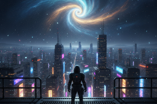 Osoba u futurističkom odijelu stoji na krovu i gleda prema neonskom gradu pod spiralnom maglicom