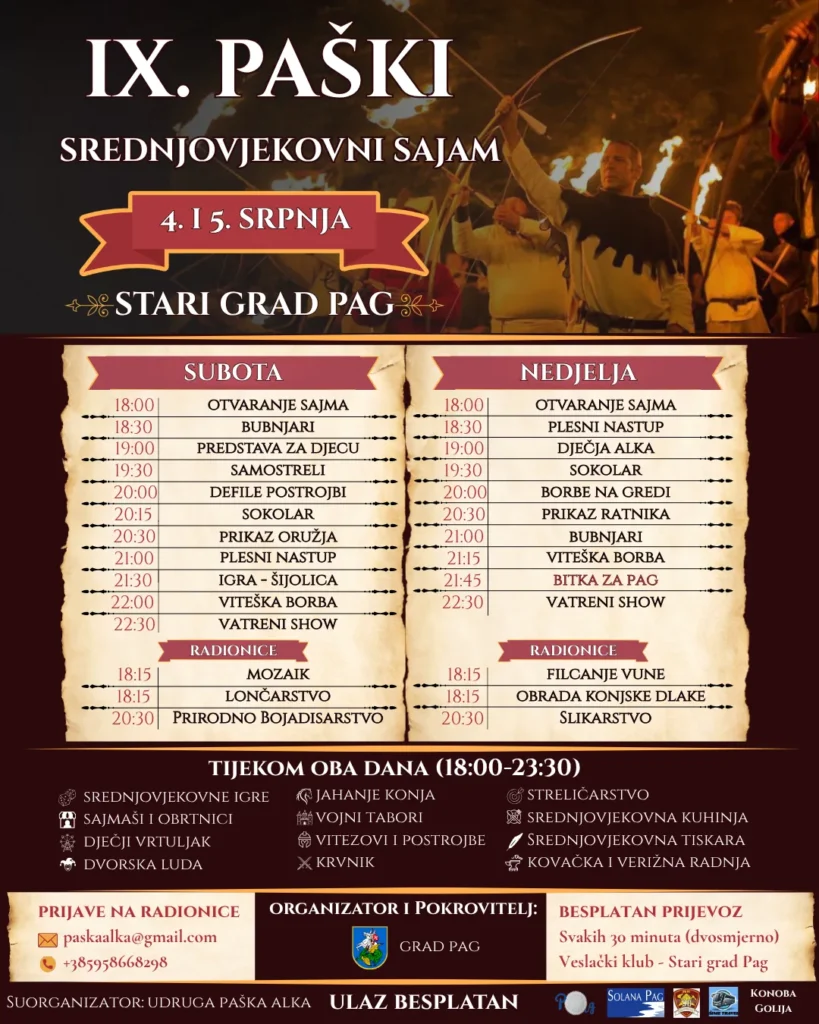 Raspored događanja na Paškom srednjovjekovnom sajmu u Starom gradu Pagu