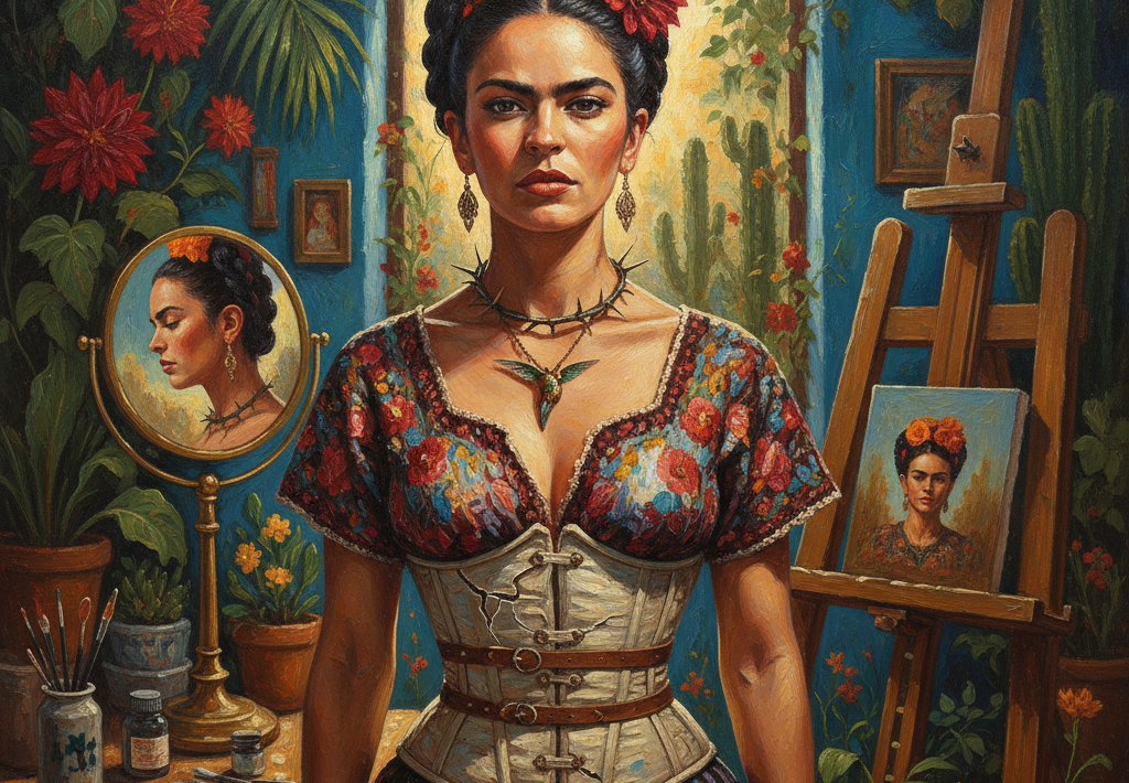 Portret Fride Kahlo u njezinu ateljeu, s ogledalom i slikom na štafelaju