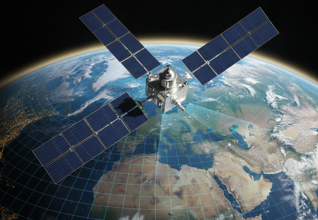 Satelit iznad Zemlje s rešetkom koja prekriva Europu i Afriku