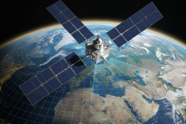 Satelit iznad Zemlje s rešetkom koja prekriva Europu i Afriku