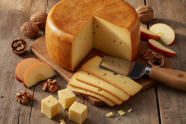Sir, the image is informative. It shows a wheel of cheese with a slice cut out, several slices of cheese fanned out, cheese cubes, walnuts, and apple slices arranged on a wooden surface
