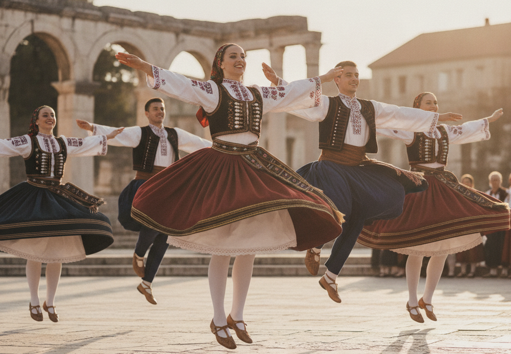 Skupina plesača u tradicionalnim nošnjama izvodi ples na otvorenom