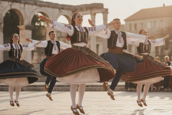 Skupina plesača u tradicionalnim nošnjama izvodi ples na otvorenom