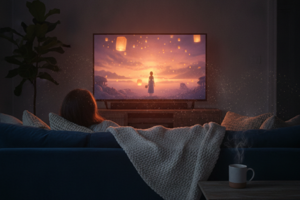 Žena gleda televiziju na kojoj se prikazuje scena s djevojkom i lampionima