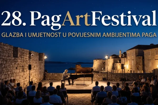 Noćni koncert na otvorenom unutar drevne kamene tvrđave na Pagu za 28. PagArtFestival. Pijanist svira klavir na osvijetljenoj pozornici pred publikom, s morem i osvijetljenim gradom u daljini pod zvjezdanim nebom i polumjesecom. Uključuje tekst: '28. PagArtFestival' i 'GLAZBA I UMJETNOST U POVIJESNIM AMBIJENTIMA PAGA'.