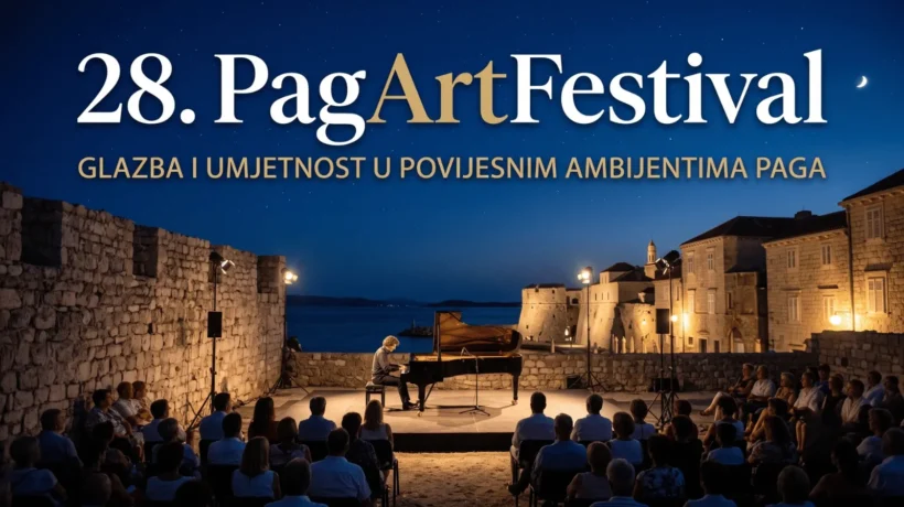 Noćni koncert na otvorenom unutar drevne kamene tvrđave na Pagu za 28. PagArtFestival. Pijanist svira klavir na osvijetljenoj pozornici pred publikom, s morem i osvijetljenim gradom u daljini pod zvjezdanim nebom i polumjesecom. Uključuje tekst: '28. PagArtFestival' i 'GLAZBA I UMJETNOST U POVIJESNIM AMBIJENTIMA PAGA'.