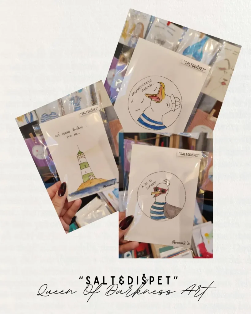 Tri ilustracije ptica i jedna svjetionika, sve potpisane kao "SALT&DISPET