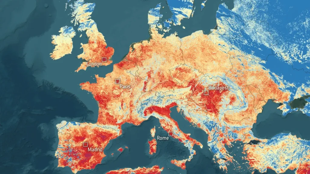Karta Europe s prikazom anomalija temperature, s označenim gradovima London, Pariz, Rim, Budimpešta i Madrid