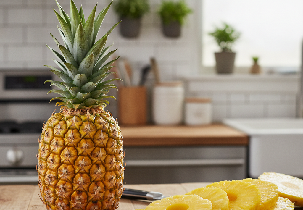 Cijeli ananas i nekoliko kriški ananasa na crnoj ploči na drvenom stolu u kuhinji