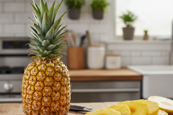 Cijeli ananas i nekoliko kriški ananasa na crnoj ploči na drvenom stolu u kuhinji
