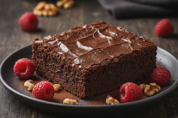 Kompaktan čokoladni brownie s glazurom, ukrašen svježim malinama i orasima na tamnom tanjuru, s drvenom pozadinom
