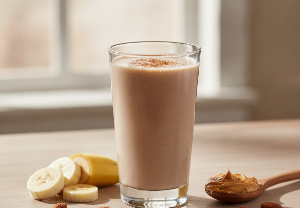 Napitak od banane i maslaca od kikirikija posipan cimetom