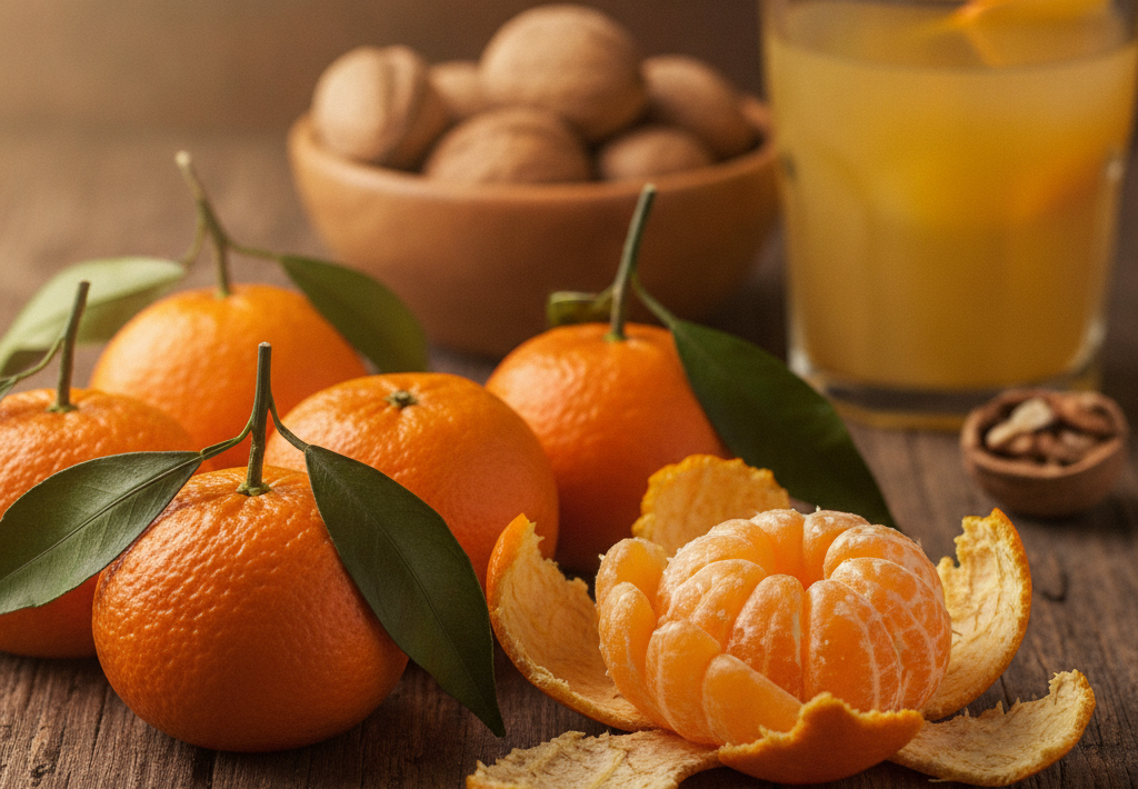 Naranče s lišćem, oguljena mandarina, orasi i čaša soka od naranče na drvenoj podlozi
