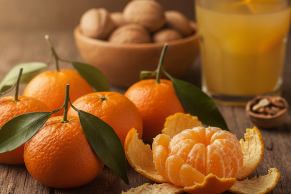 Naranče s lišćem, oguljena mandarina, orasi i čaša soka od naranče na drvenoj podlozi