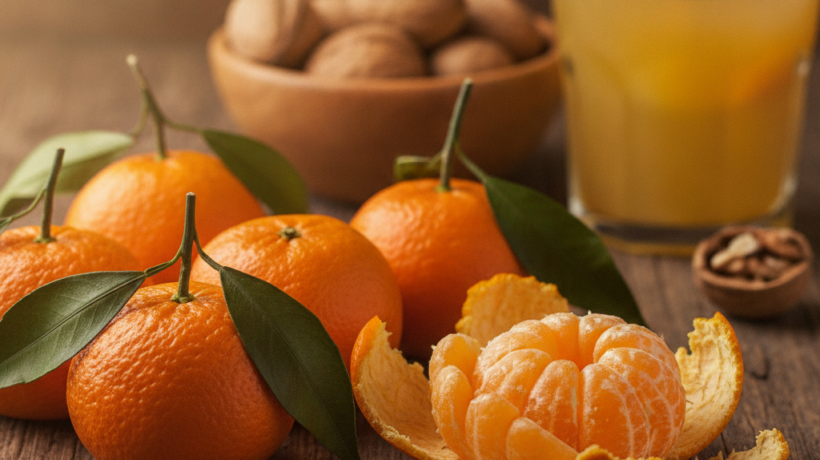 Naranče s lišćem, oguljena mandarina, orasi i čaša soka od naranče na drvenoj podlozi