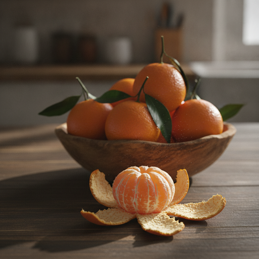 Osušena mandarina s korom pored zdjele punjene mandarinama