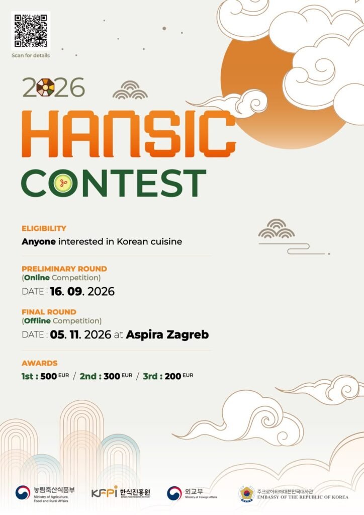 2026 Hansic natjecanje: prijava za sve zainteresirane za korejsku kuhinju, preliminarni krug 16. 9. 2026., završni krug 5. 11. 2026. u Aspiru Zagreb, nagrade 500/300/200 EUR