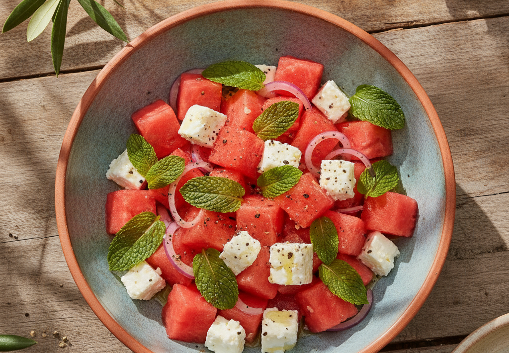 Salata od lubenice s feta sirom, crvenim lukom i mentom