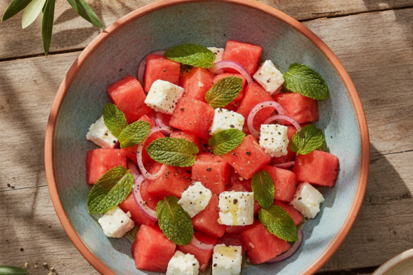 Salata od lubenice s feta sirom, crvenim lukom i mentom