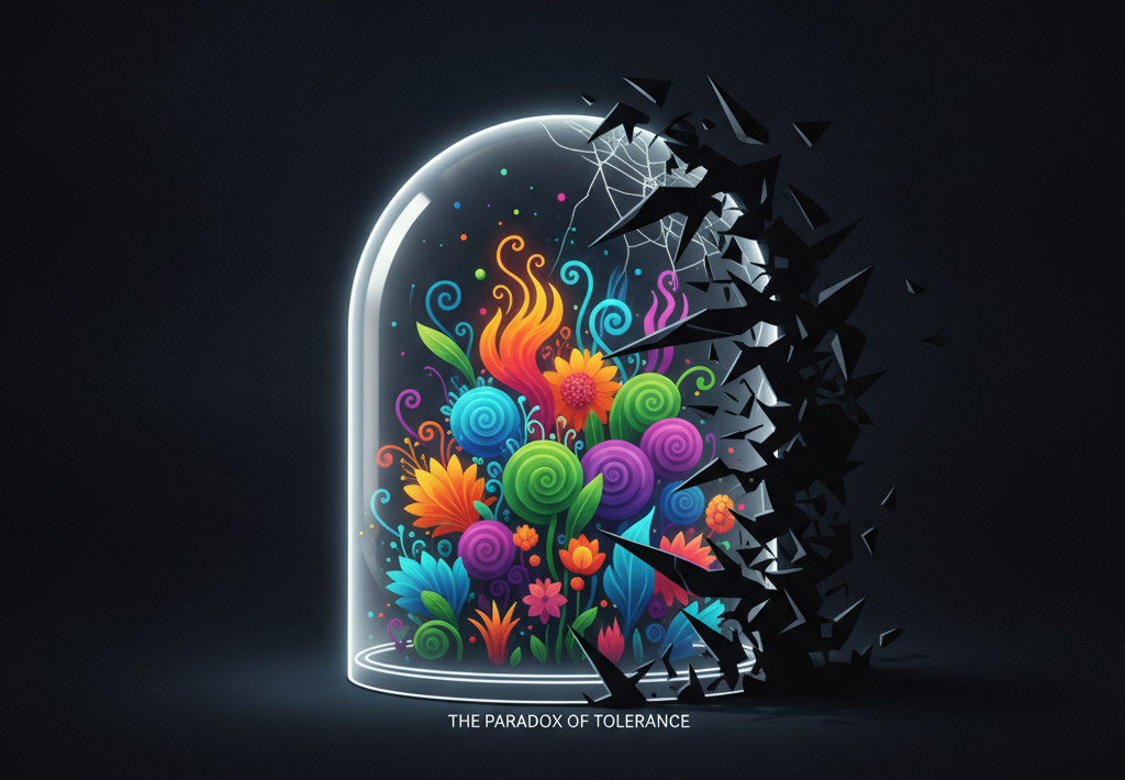 Šareni cvjetovi unutar staklene kupole koja se raspada. Ispod slike piše "PARADOKS TOLERANCIJE
