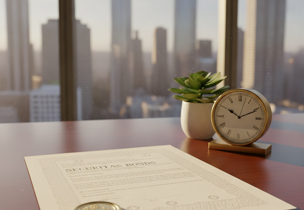 Securities bonds document on a desk with a clock and plant, cityscape in the background