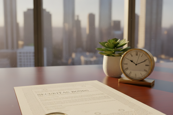 Securities bonds document on a desk with a clock and plant, cityscape in the background