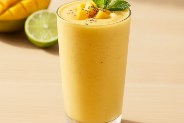 Smoothie od manga s kriškama manga, limete i listićima metvice