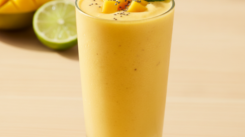 Smoothie od manga s kriškama manga, limete i listićima metvice